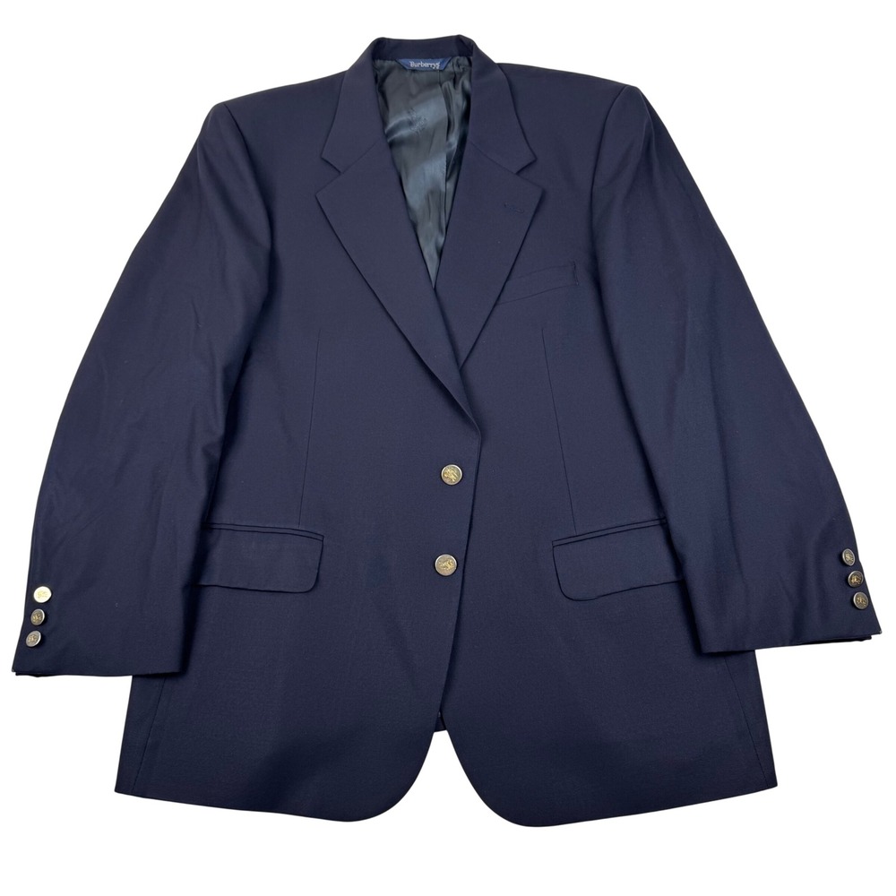 Burberrys Wool Blazer Mens 46 Navy Blue Gold Crest Button Vintage Sport Coat
